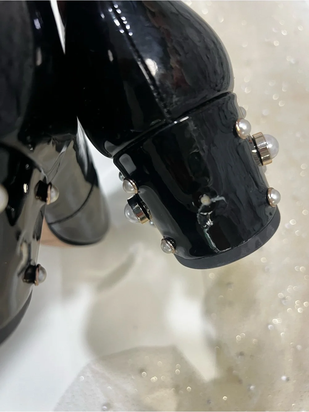 kate spade Black Patent Leather Mary Jane Heeled shoes with Pearl Studs